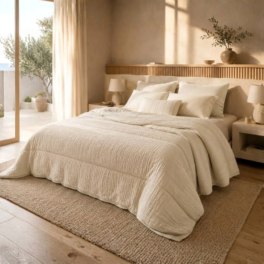 Mousseline dekbed Off white, opgemaakt bed van opzij