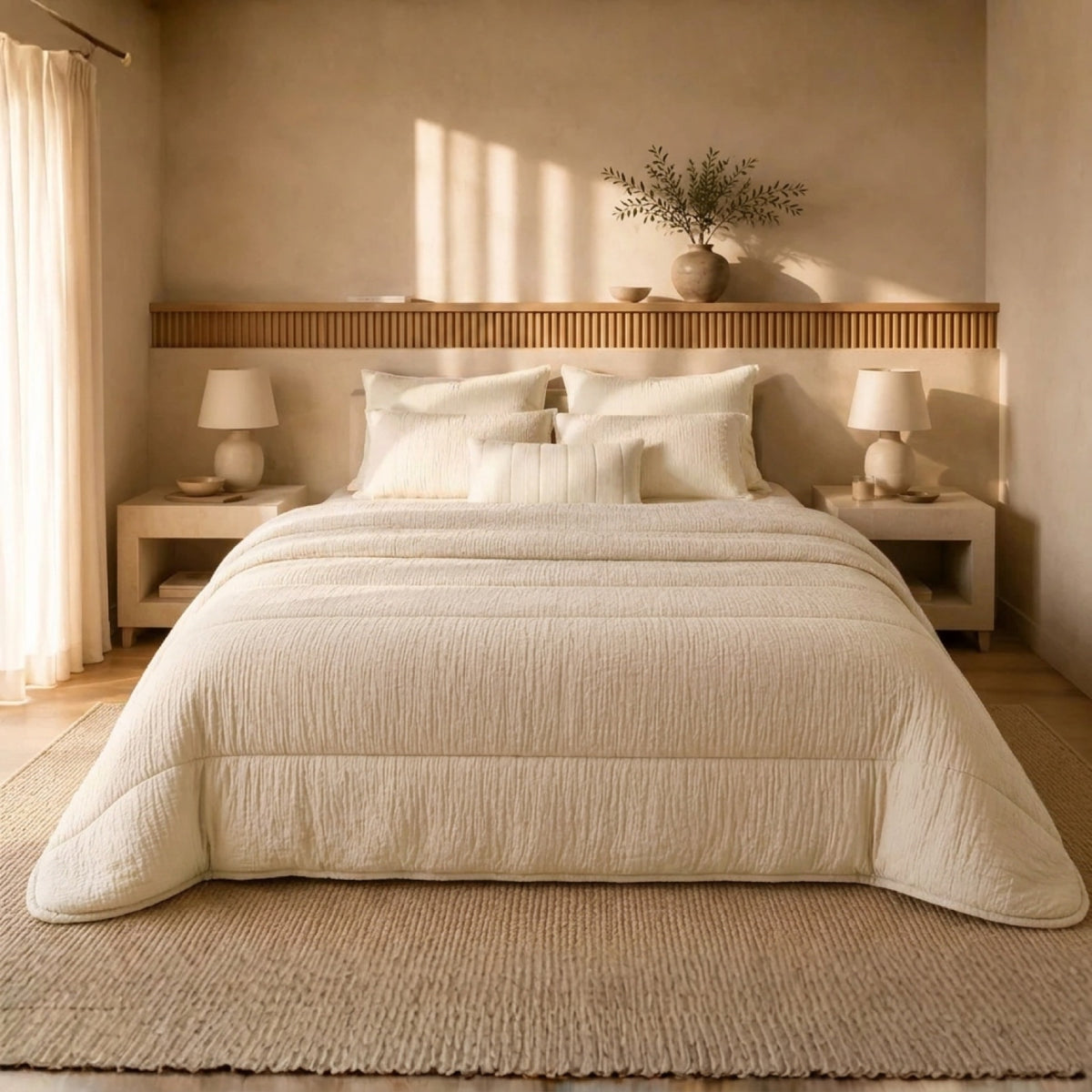 Mousseline dekbed Off white, opgemaakt bed van voren
