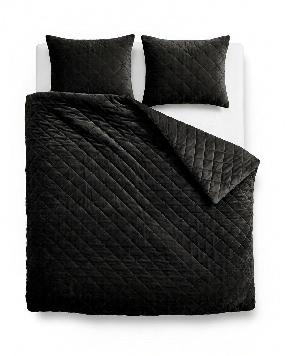 Chenille Velvet dekbed Zwart van bovenaf op bed