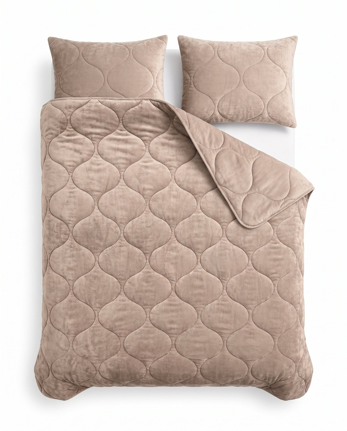 Flanel Velvet dekbed Taupe van bovenaf op bed