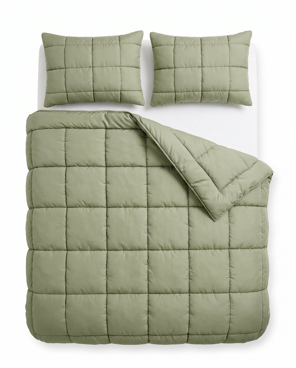 Puffy dekbed Pistache van bovenaf op bed