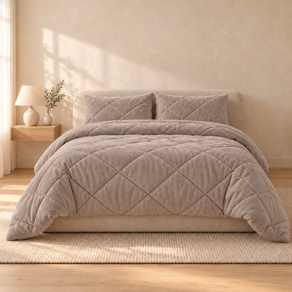 VANBRUINN Velvet Winterdekbed Taupe Grey op bed